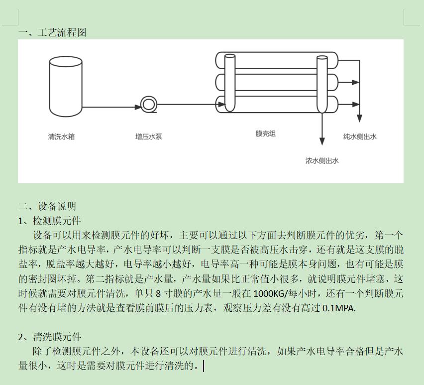 船营ro洗膜机工艺流程图及工艺说明